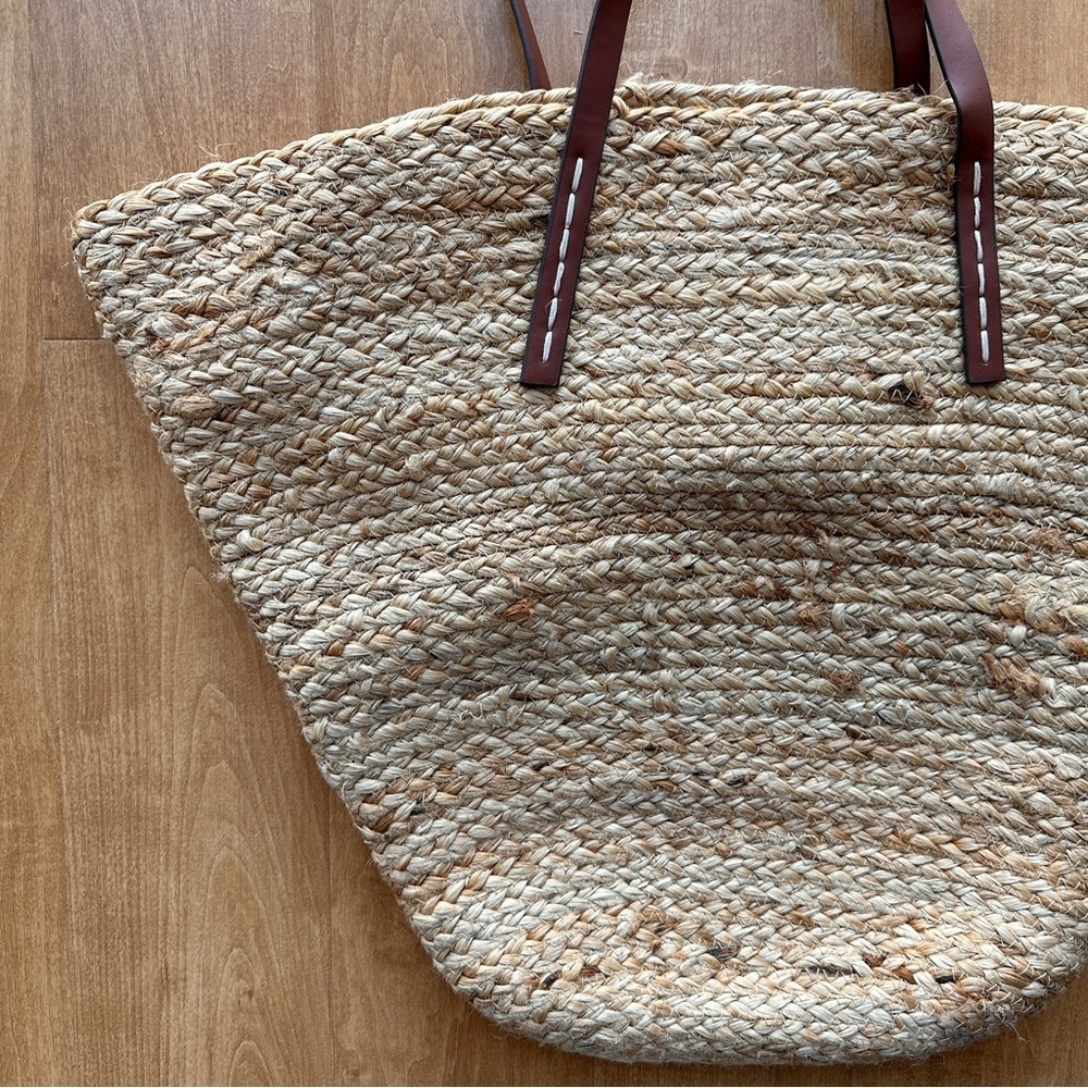 Mango Jute Basket Bag, Large Beach Tote, Drawstring Vacation Leather Handle Bag - Picture 3 of 15